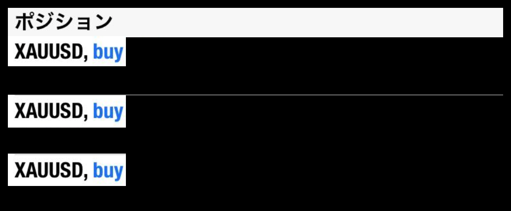 匿名加工した提供画像の抜粋。XAUUSDの買いが複数行に並ぶ画面。